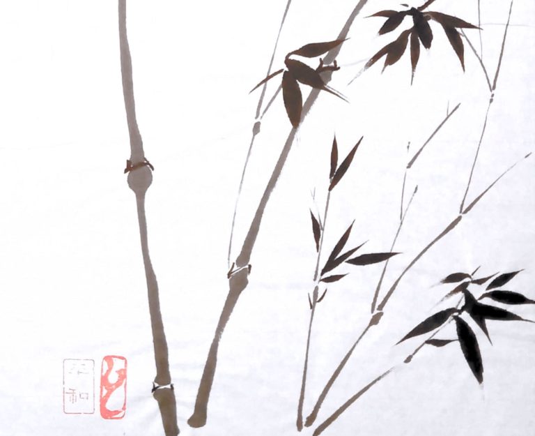 Lorali obra de sumi-e. Pimtura a tinta china sobre papel de arroz de unos bambus mecidos por el viento