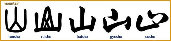 kanji de montaña escrito en diferentes estilos de caligrafía para ver la diferencia